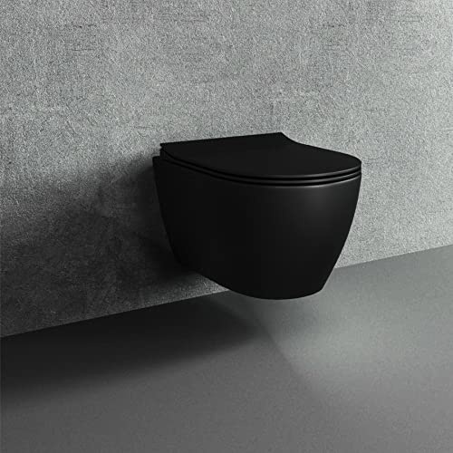 Spülrandloses Hänge WC Komplettset I schwarz matt I randloses Wand WC mit Spülkasten I Tiefspül WC I Deckel mit Absenkautomatik I Hänge Toilette mit Drückerplatte Vorwandelement (nur WC, schwarz matt)