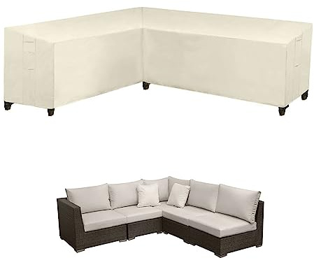 V Shaped Garden Furniture Covers,420D Heavy Duty Corner Sofa Protective Cover Waterproof Outdoor Patio Furniture Covers V-Shaped Rattan Corner Sofa Cover with Strorage Bag(Beige,215*215*87cm)