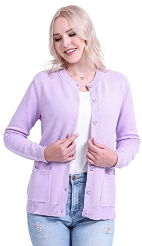 SMILING PINKER Mujer Cárdigan de Manga Larga Cálido Cuello Redondo Suéter Chaqueta con Botón y Bolsillos(Lavanda,XL)
