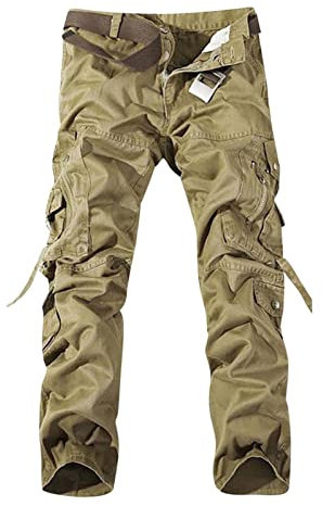 LINGHUI Pantaloni Cargo da Uomo Casual in Cotone 8 Tasche Ripstop da Combattimento Militare da Lavoro Pantaloni da Trekking Selvaggi (con Cintura) Pantaloni della Tuta (Color : Khaki, Size : 5XL)
