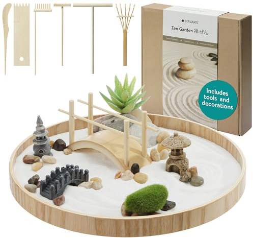 Navaris Giardino Zen da Tavolo - Mini Giardino Zen da Scrivania - Meditazione Accessori Giardino - Idea Regalo Arredo Giapponese - Rotondo 24 x 24 x 2 cm - con Sabbia Bianca