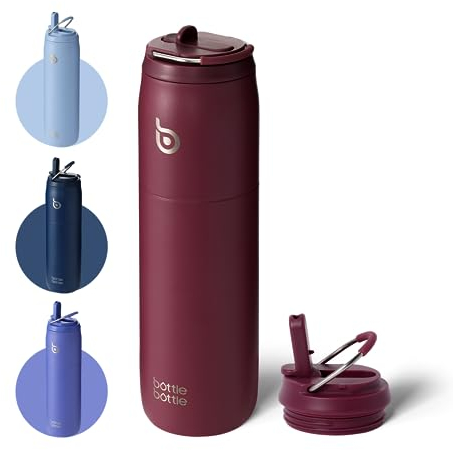 BOTTLE BOTTLE Botella de agua de acero inoxidable con popote y tapa, 32 onzas, aislada al vacío, mantiene el frío y el calor, a prueba de fugas, botella de agua deportiva de boca ancha, color rojo