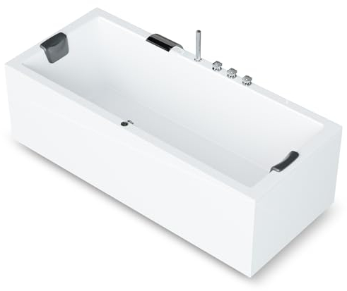 AQUADE Acryl Badewanne 190x90 Modell: Ulm - Weiß Badewanne Komplettset 190x90 - Badewannen mit Wannenfüßen + Schürze + Wannenrandarmatur + Nackenkissen + Led