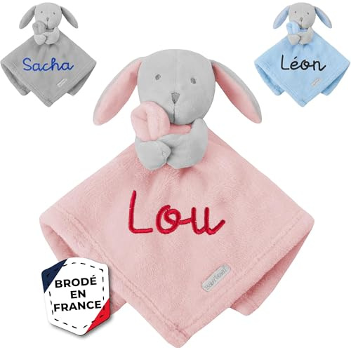 KDO MAGIC - Personalisiertes Schmusetuch - Kaninchen - Plüsch personaliserte Baby - gestickter Vorname - Geschenk zur Geburt, Geburtstag, Taufe, Mädchen, Junge (Rosa)