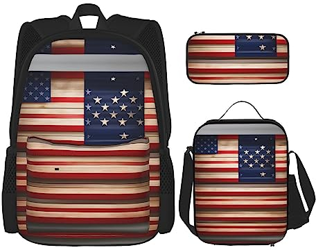 OdDdot Rucksack mit Weltkugel aus der Antike Welt, Reiserucksack, leicht, wasserabweisend, Büchertasche, mit Lunch-Tasche, Federmäppchen, Amerikanische Flagge Patriotisch, Einheitsgröße