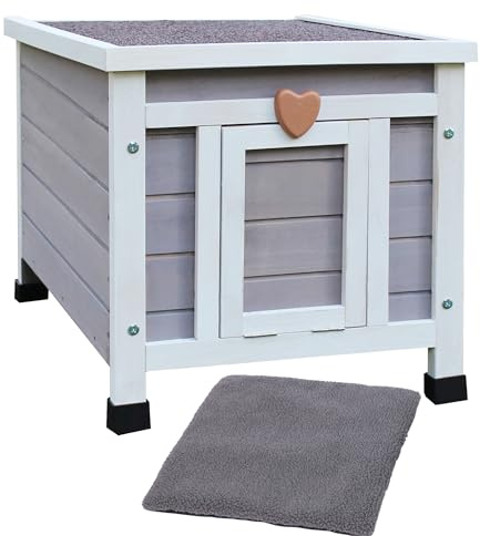 HiCaptain Katzenhaus für Draußen mit selbstwärmender Matte, wetterfestes Katzenhaus für wilde Katzen im Freien, warmes hölzerne kleines Haustierhaus und Lebensräume – graues Haus mit Matte