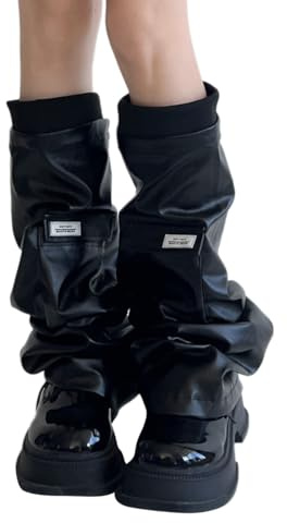 shownicer Japanische Beinstulpen Damen Teenager Mädchen Gothic Punk PU Leder Lange Socken Kawaii Beinwärmer 80er Y2K Harajuku Kunstleder Oberschenkel hohe Socken
