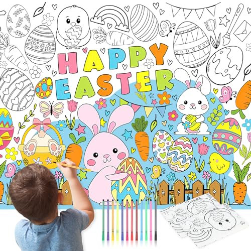 2 Stücke Papier-Tischdecke zum Ausmalen, Happy Easter Ausmal-Tischdecke Frohes Ausmaltischdecke Kinder, Tischdecke Easter Basteln Kinder mit 12 farbige Aquarellstifte bestes Ostergeschenk