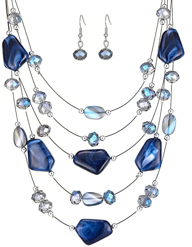 FULU AUTUMN Boho Mehrschichtige Perlenkette Damen Perlen Statement Kette und Ohrringe Set Modeschmuck für Mütter Frau Oma Mode Geschenke