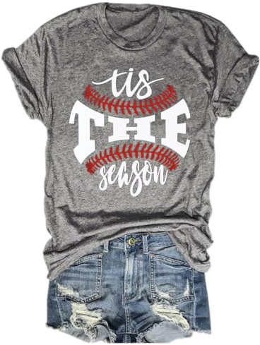 Baseball Shirts Women Tis The Season Baseball Mom T-Shirts Letter Print Graphic Tee Tops(Light Grey,L)