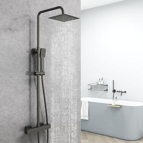 Aica Sanitarios Columna de Ducha Termostática con Termostato Cuadrado Ducha Lluvia Alcachofa con Redonda Barra y Negro Mate para Baño