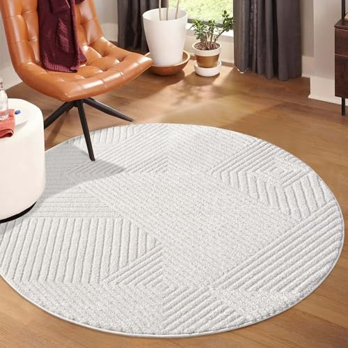 carpet city Kurzflor Teppich Creme - 200 cm Rund - Wohnzimmer-Teppiche Hochtief-Muster, 3D-Effekt - Geometrisches Muster, Gestreift - Flachflor Bodenbelag, Deko Schlafzimmer