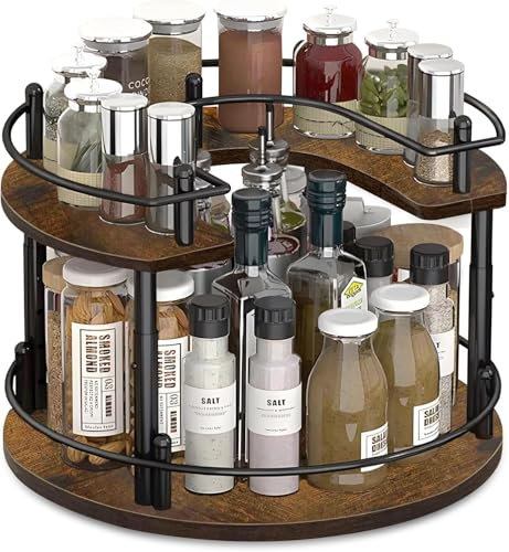 OUUTMEE Spice Rack Turntable, Kitchen Organizers and Storage, 2 Tier Wood Rotating Spice Rack Revolving Condiment Holder Storage organiser for Kitchen Cupboard or Countertop