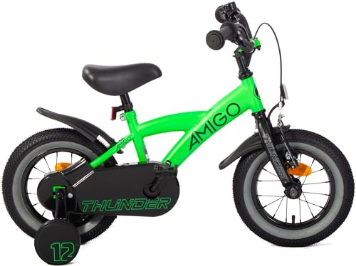 AMIGO Thunder - Kinderfahrrad Jungen - 12 Zoll - Mit Rucktrittbremse und V-Brake und Stützräder - ab 3-4 Jahr - Grün/Schwarz