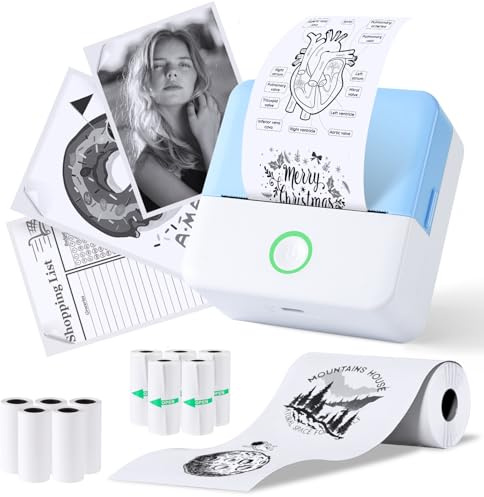 PRAOAHEI Mini Drucker, Tragbarer Thermodrucker mit 10 Rollen Druckerpapier | Bluetooth Etikettendrucker, Sofortdruck Aufkleber Drucker, Fotodrucker für Notizen, Fotos, Tagebücher, Basteln, (Blau)