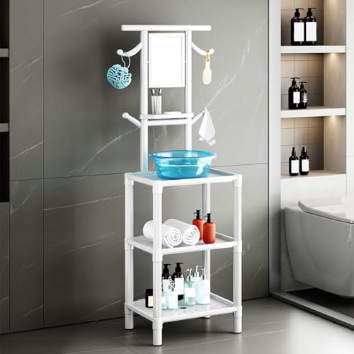 GIYDNEI Rundes/Quadratisches Badezimmerregal Mit Um 180° Drehbarem Spiegel, Eckregal, Multifunktionales Standregal Badewannenablagetisch,Weiß,16 Dx14.2 Wx53.5 H