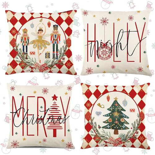 4 Stück Weihnachten Kissenbezug,Dekorative Kissenhülle,Kissenhülle Weihnachten,Leinen Dekokissen,Weihnachtskissenbezug,Kissenbezug Weihnachtsmotiv,für Deko weihnachten Sofa Schlafzimmer Couch