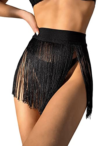 GORGLITTER Falda de borla para mujer, falda con flecos, cinturón de cintura, estilo punk, gótico, para fiesta, festival, falda con flecos, Negro , L