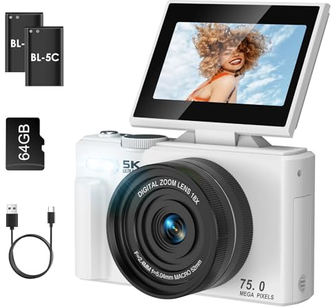 Nsyee 5K Digital Camera, 75MP Autofocus Video Blog Camera with 64G SD Card, 3 Inch 180° Flip Screen, WIFI Transmission, 18x Digital Zoom, Compact Cameras, Suitable for Teens, Beginners, Adults, White