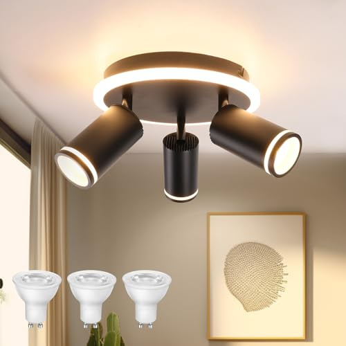 URing Deckenstrahler LED Schwarz Deckenstrahler 3 Flammig Schwenkbar, Rund | Deckenlampe mit unteres Glühen 8W+ 3x5W GU10 LED, Spots Deckenleuchte Deckenspot Lampe für Küche, Wohnzimmer, Flur