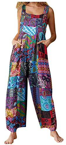CocMouse Womens Dual Pocket Jumpsuit Loose Summer Rompers Suspender Wide Leg Overalls Boho Adjustable Straps Harem Pants (Blue, M)