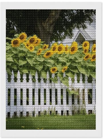 RTFGHJS Sonnenblumen-Diamant-Malset, weißer Lattenzaun, DIY Leinwand Kunst Dekor mit Bohrstift, Tablett und Wachs, wasserfest, funkelnde Wandkunst, für Heimdekoration, Geburtstage, Weihnachten