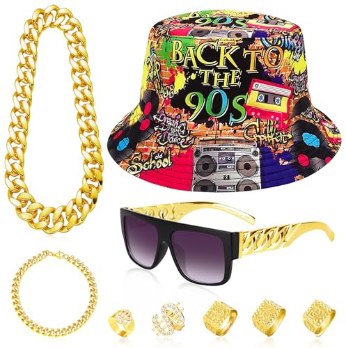 Oerphh 9 Stück Zuhälter Kostüm Goldkette Fasching Zuhälter Kostüm Set Metall Vergoldet Große Goldkette Zeichen Ring Fischerhut Sonnenbrille 80er 90er Jahre Outfit Herren Hip Hop Kostüm