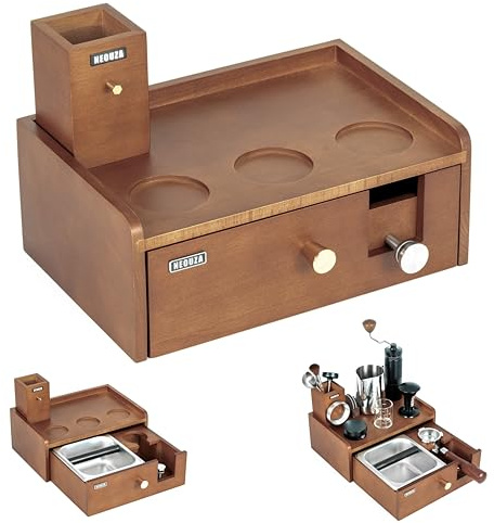 NEOUZA Multifunktionale Barista-Station, integrierte Klopfbox und Tamperständer, abnehmbare Schublade, Buchenholz, Edelstahl, Organizer für 51mm Siebträger