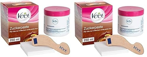 Veet Pure Zuckerpaste mit Vanilleblütenduft - Sugaring Paste für die Haarentfernung an Körper & Gesicht - 1 x 250 ml inkl. Holzspatel & Stoffstreifen (Packung mit 2)