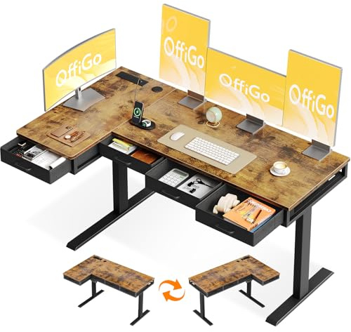 OffiGo L Shaped Electric Standing Desk with 4 Drawers, 160×80cm, Brown