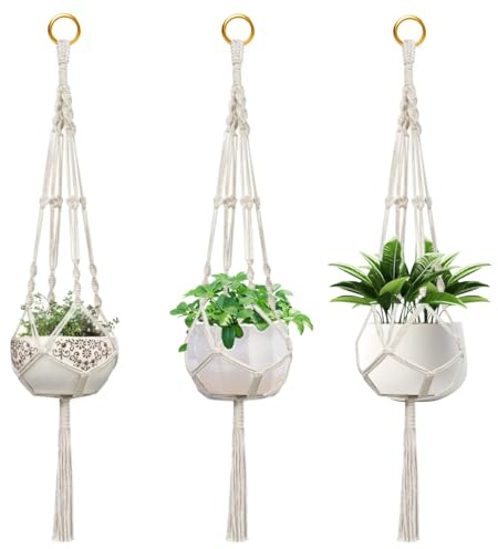 3er Set Blumenampel Makramee Pflanzenhänger, 105 cm Blumenampel Hängend Innen Boho, Pflanzenaufhänger mit Haken, Baumwollseil Hängeampel, Blumen Makramee Ampel für Innen, Außen, Garten, Balkon, Balkon