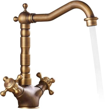 Grifo Lavabo Latón Vintage,Grifo Lavabo Alto de Agua FríA y Caliente con Dos Mandos Giratorios,Grifo Del Fregadero Baño Cocina Cerámica,con 2 Mangueras,Salida de Agua con Giro de 360°,Ahorro de Agua