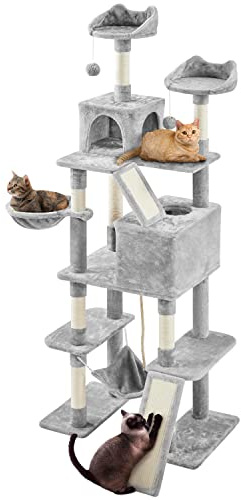 Yaheetech Cat Tree, 209 cm Multiple-Level Large Play Tower with 2 Platforms, 2 Cozy Condos, Dangling Balls, Basket, Hammock, Ladder/Ramp for Indoor Small/Medium Kittens, Light Gray