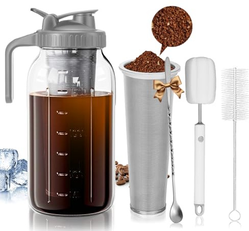 Cafultgo Tarro para cafetera fría de 64 onzas con filtro, jarra de vidrio grueso, tapa a prueba de fugas y cepillo sin BPA, apto para lavavajillas para café helado, té y infusión de bajo ácido (64