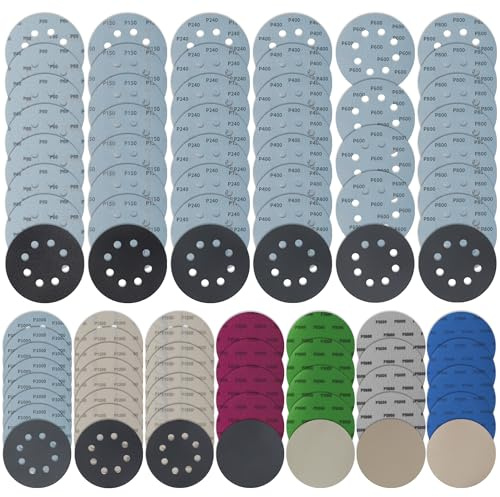 86 Pièces 125mm Papier de pour Verre Sec à l'eau,Slices de Broyage 8 Trous, 7000/3000/2500/1200/1000/800/600/400/140/150/60 Grain, Papier Broyant Rond pour Broyeur Excentrique Peinture en Métal