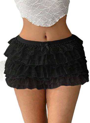 Betrodi Women's Summer Lace Floral Skirt High Rise Tiered Ruffled Flowy Short Mini A Line Skirt Streetwear (Cute Black, S)
