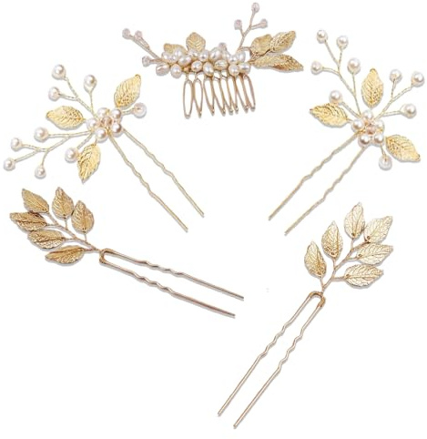 Lot de 5 épingles à cheveux dorées avec perles et feuilles dorées en cristal - Avec design floral 3D - Bijou de mariage - Accessoires de cheveux avec strass