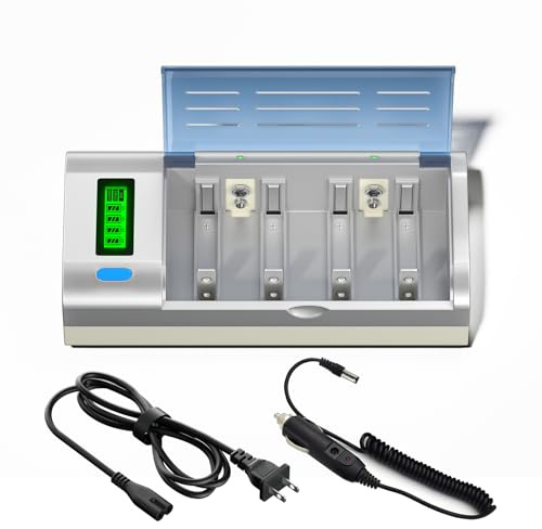 Palogreen Cargador de batería para baterías recargables C D AA AAA 9V Ni-MH Ni-CD y 9V Li-ion con enchufe de CA incluido y cable de carga para coche