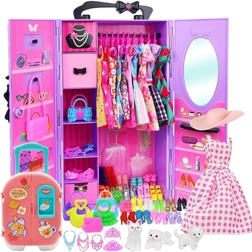Ensemble poupée 11.5 avec Armoire Violette et vêtements | 83 pièces : armoire, chaussures, portefeuille, cintres, brosse, collier, animal. Jeu d'imitation parfait pour poupée 11.5