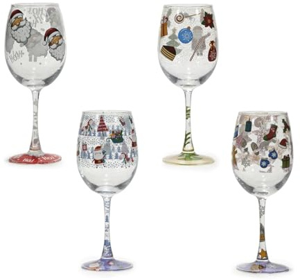 Set 4 Calici da degustazione vino Natalizi in Vetro 30cl Bicchieri Decorati a Natale Calice piede alto Decorato con Babbo Natale e Motivi Festivi Spumante decorazione tavola Idea Regalo Natalizia
