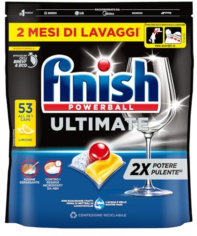 Finish Powerball Ultimate 212 Pastiglie Capsule Limone Lavastoviglie Azione Sgrassante Contro Macchie di Bruciato Brillantezza Eccezionale Pulizia Intensa - 4 Confezioni da 53 Tabs