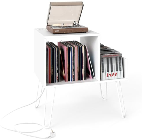 COSTWAY Mueble Tocadiscos con Estación de Carga, Soporte Tocadiscos con Divisor de Vinilos, Estante de Exhibición y Patas de Metal, Mesa Auxiliar de Discos hasta 145 Álbumes, 66x45x67 cm (Blanco)