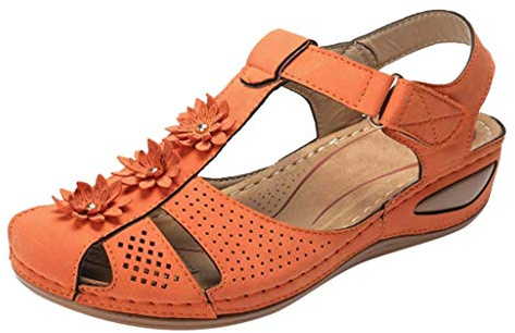 YIzdegg sandaler dam läder – sandaletter, stängda tofflor, halkfria sandaletter, ventilerande pantoletter, kilklack, tofflor, ergonomiska strandskor, ortopediska utomhussandaler, apelsin, 42