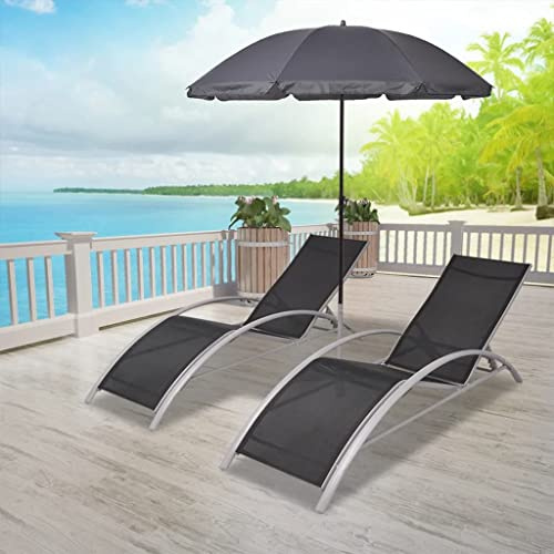 NIVVHOH 2 Liegestühle und 1 Schirm Liegestuhl & Liegen Schwarz Aluminium höhenverstellbare Rückenlehne Relaxliege Relaxsessel für Garten, Balkon, Im Freien (156 x 60 x 89 cm)