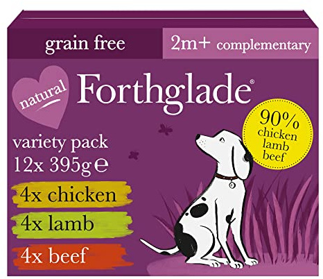 Forthglade Complementary Wet Dog Food Variety Pack (12 x 395g Trays) - Grain Free & Hypoallergenic Dog Food, Just Chicken, Lamb & Beef, 90% Protein Stomach Sensitive with Natural Ingredients