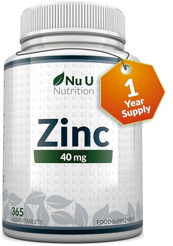 Zinc Tablets 40mg - 365 Vegan Tablets - 1 Year Supply - 1 a Day - Easy to Swallow Zink Gluconate - Supplement for Men & Women - Made in The UK - Nu U Nutrition