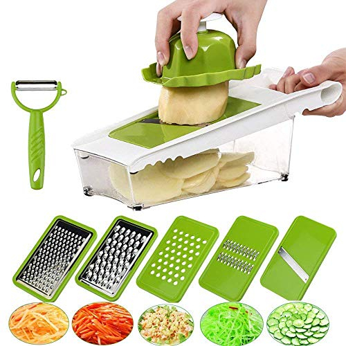 Kitchen Mandoline Vegetable Slicer, Multifunctional Vegetable Cutter Dicer Grater Onion Chopper Shreds, Carrot Julienne Potato Slicer for Veggie Fruits, Cheese Food Container, 5 Sharp Blades