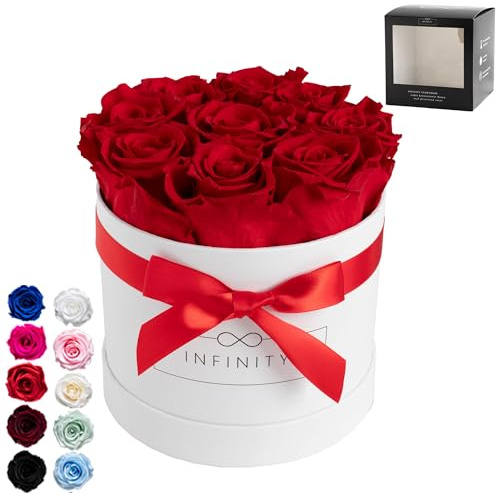 Infinity Flowerbox - 9 echte Infinity Rosen (3 Jahre haltbar ohne Wasser) - Mit Geschenkverpackung geliefert I Handgefertigt in Berlin I Geschenk für Frauen (Rote Rosen in schwarzer Box)