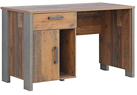 FORTE Clif Schreibtisch mit 1 Tür und 1 Schublade, Holzwerkstoff, Old Wood Vintage/Betonoptik Grau, 126.5 x 73.5 x 60 cm