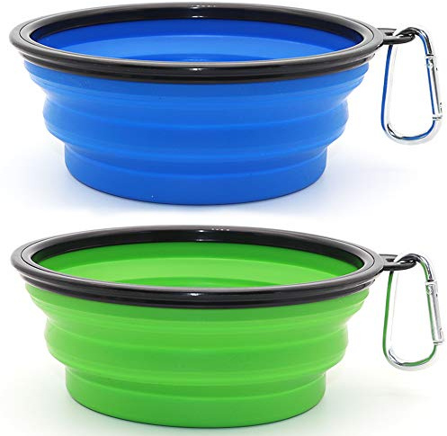 SLSON 2 Pièces Bol Pliant en Silicone pour Chien et Chat - Gamelle de Voyage Pliable (Bleu et Vert, Grand)